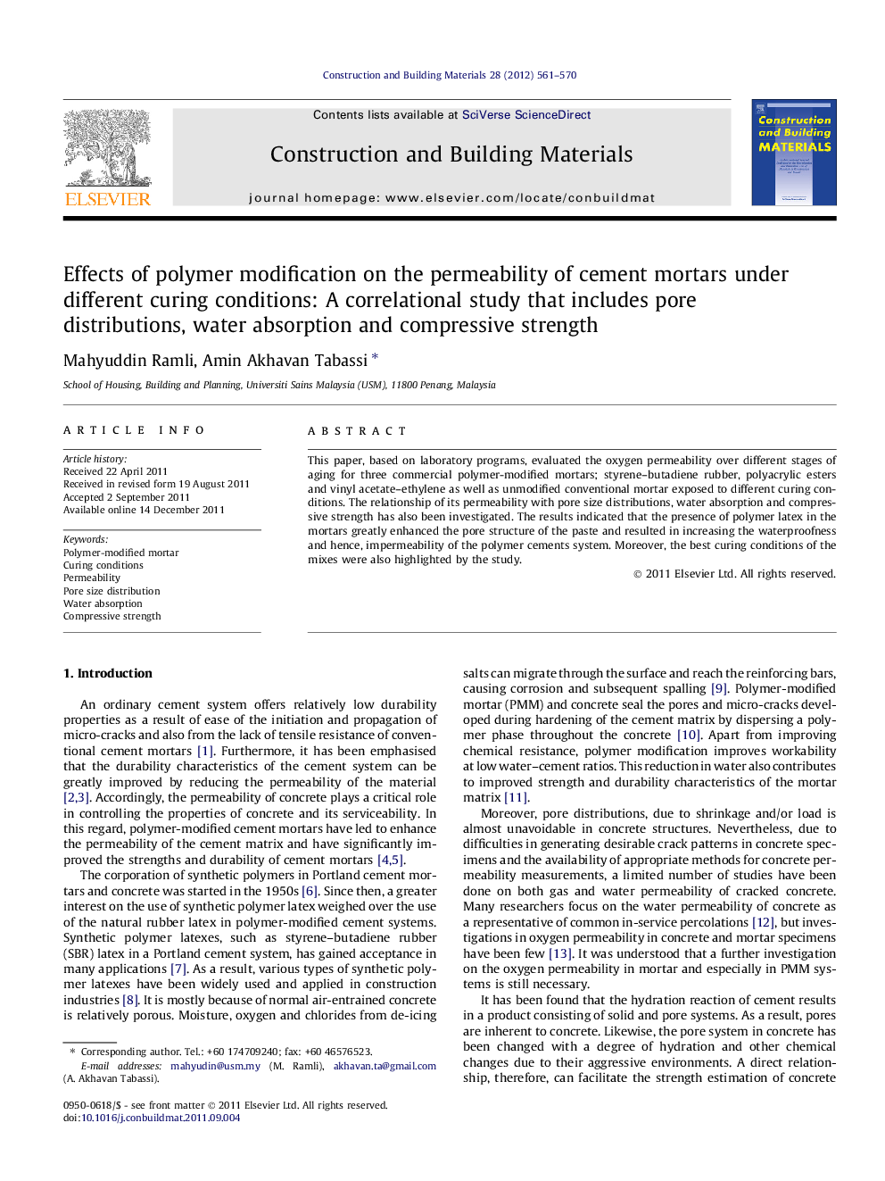 Effects of polymer modification on the permeability of cement mortars under different curing conditions: A correlational study that includes pore distributions, water absorption and compressive strength