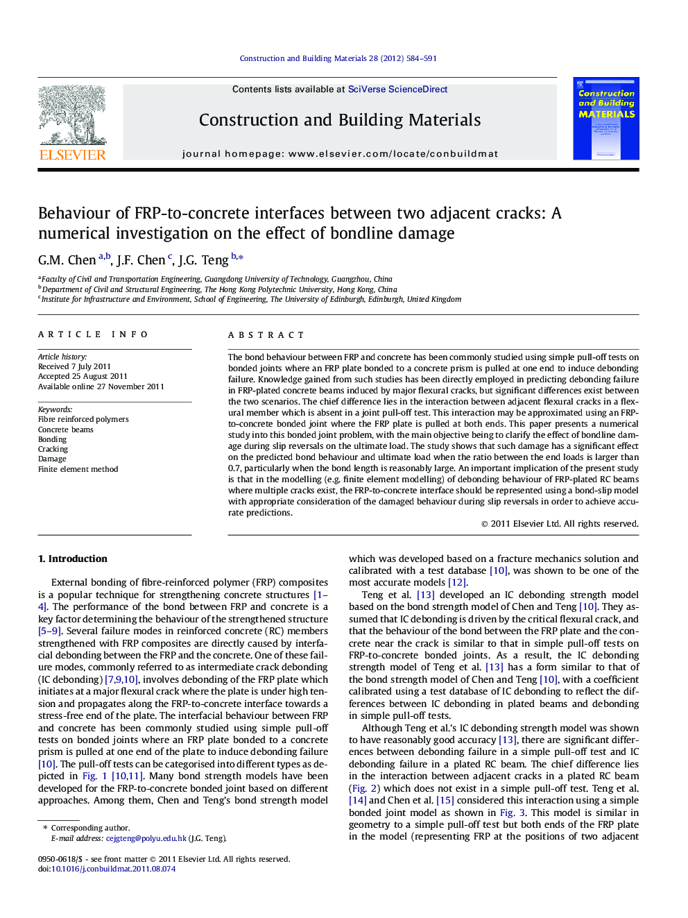 Behaviour of FRP-to-concrete interfaces between two adjacent cracks: A numerical investigation on the effect of bondline damage