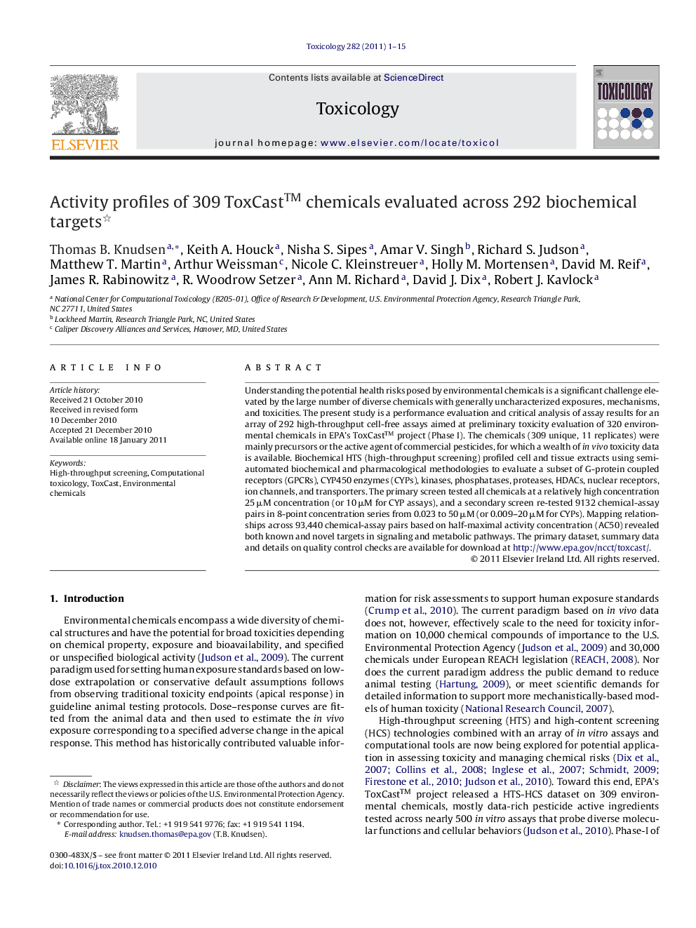 Activity profiles of 309 ToxCast™ chemicals evaluated across 292 biochemical targets 