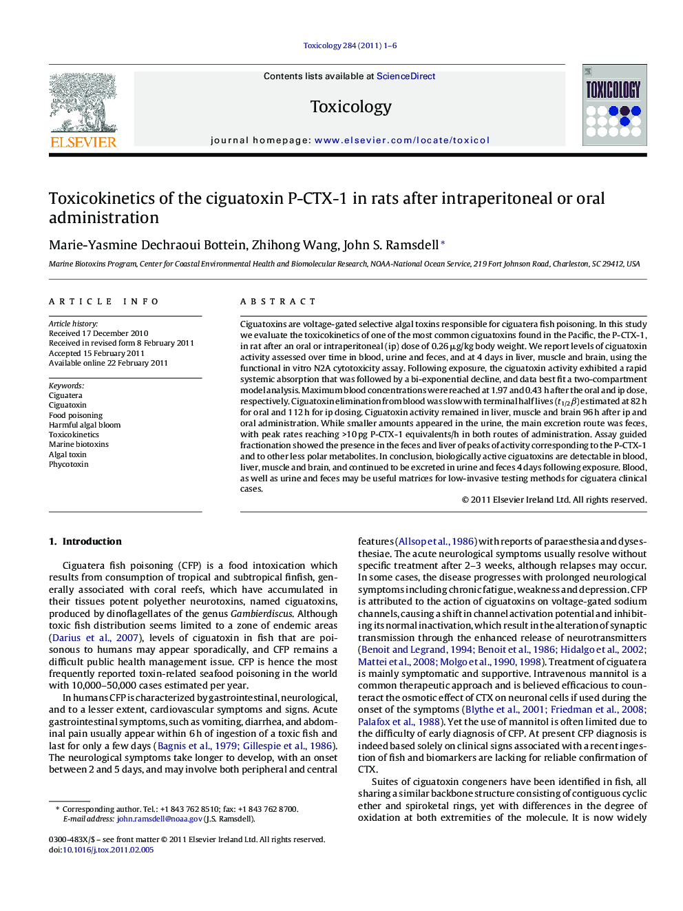 Toxicokinetics of the ciguatoxin P-CTX-1 in rats after intraperitoneal or oral administration