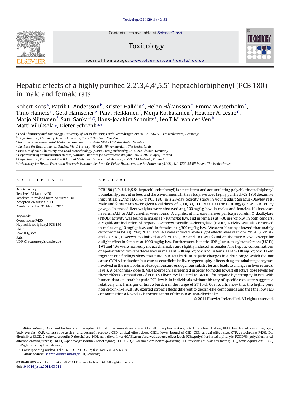 Hepatic effects of a highly purified 2,2′,3,4,4′,5,5′-heptachlorbiphenyl (PCB 180) in male and female rats