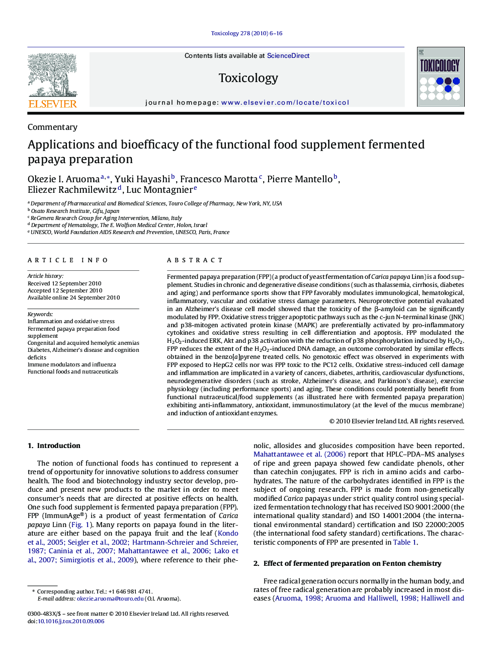 Applications and bioefficacy of the functional food supplement fermented papaya preparation