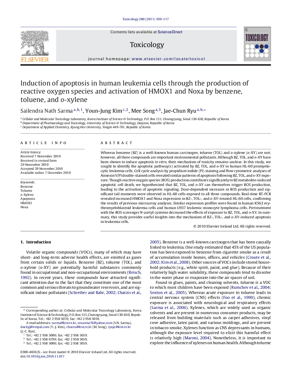 Induction of apoptosis in human leukemia cells through the production of reactive oxygen species and activation of HMOX1 and Noxa by benzene, toluene, and o-xylene