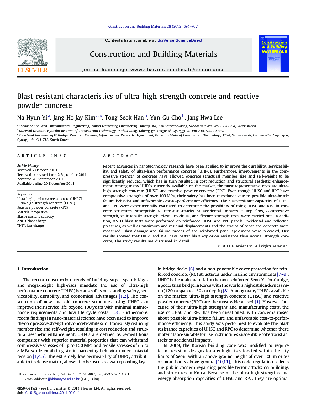 Blast-resistant characteristics of ultra-high strength concrete and reactive powder concrete