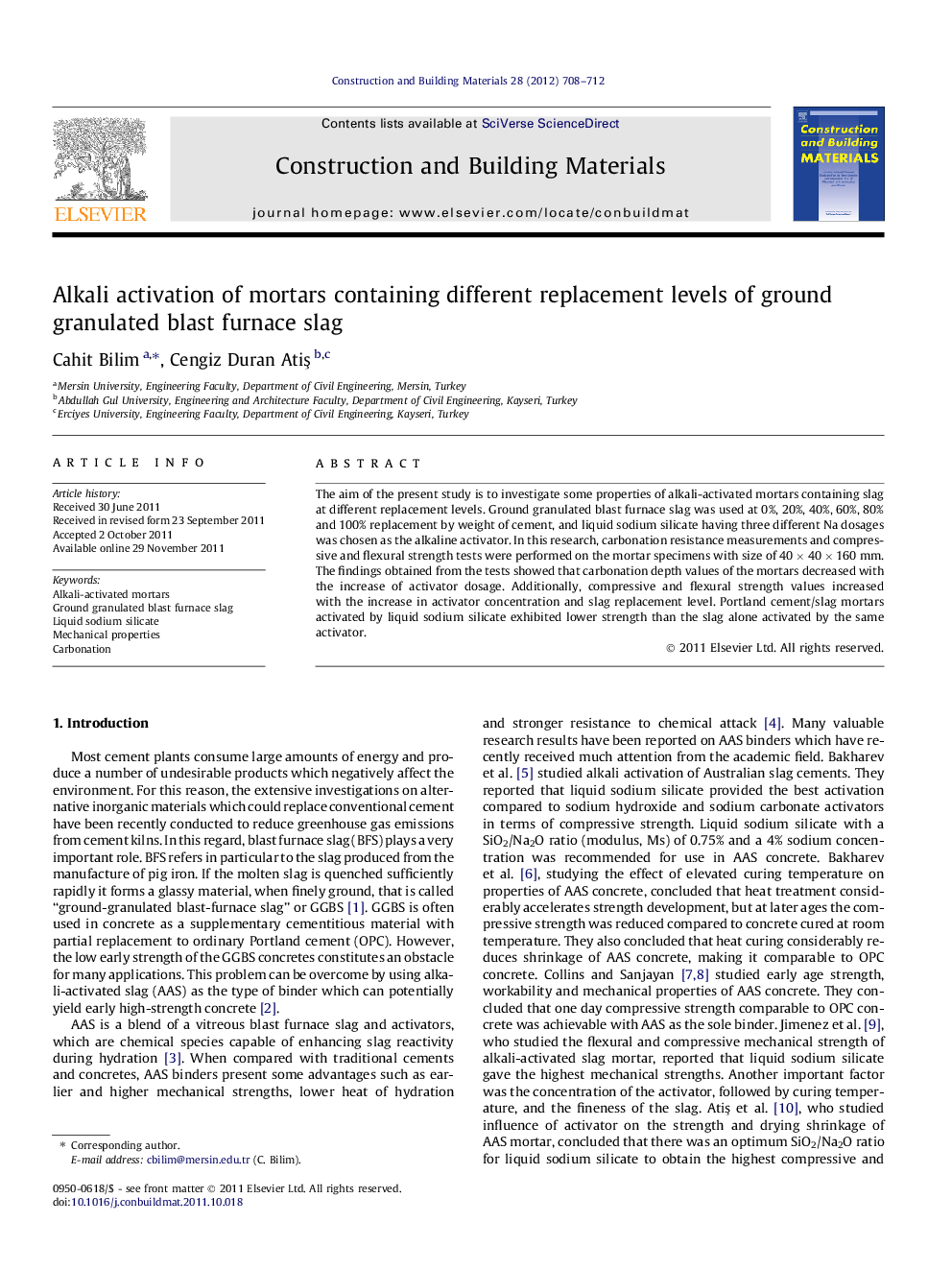 Alkali activation of mortars containing different replacement levels of ground granulated blast furnace slag