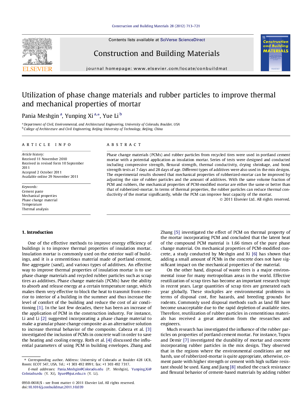 Utilization of phase change materials and rubber particles to improve thermal and mechanical properties of mortar