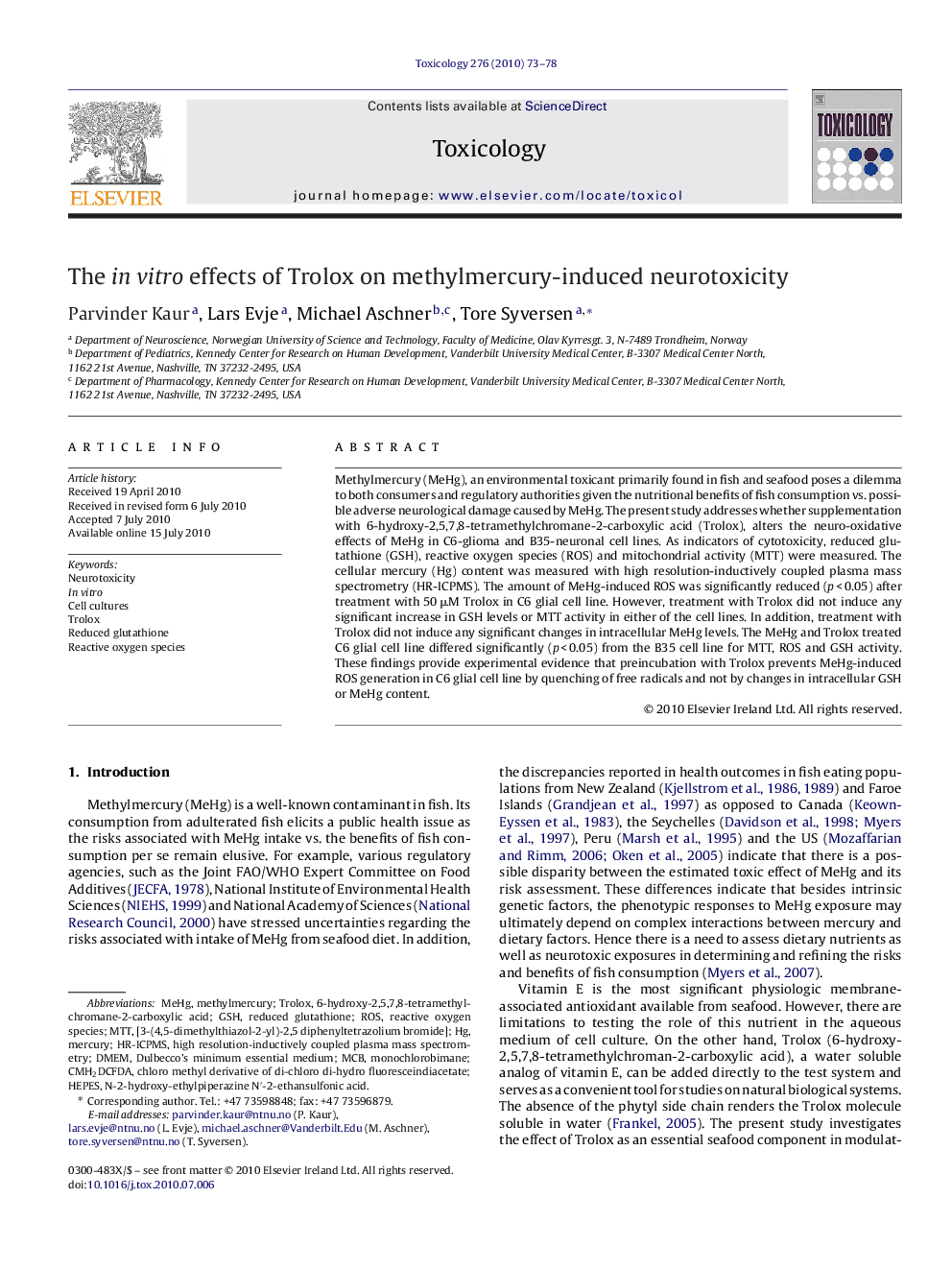 The in vitro effects of Trolox on methylmercury-induced neurotoxicity