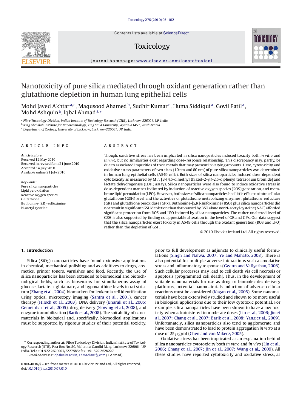 Nanotoxicity of pure silica mediated through oxidant generation rather than glutathione depletion in human lung epithelial cells