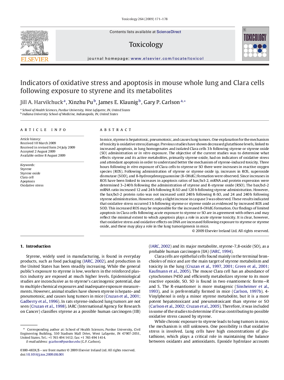 Indicators of oxidative stress and apoptosis in mouse whole lung and Clara cells following exposure to styrene and its metabolites