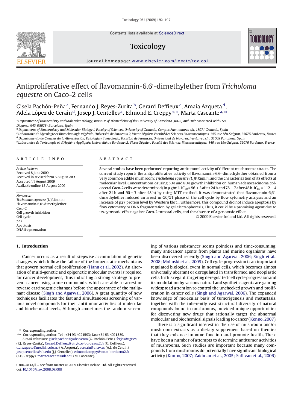 Antiproliferative effect of flavomannin-6,6′-dimethylether from Tricholoma equestre on Caco-2 cells