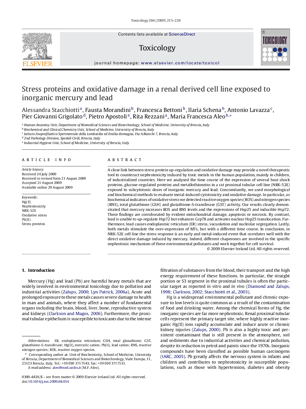 Stress proteins and oxidative damage in a renal derived cell line exposed to inorganic mercury and lead