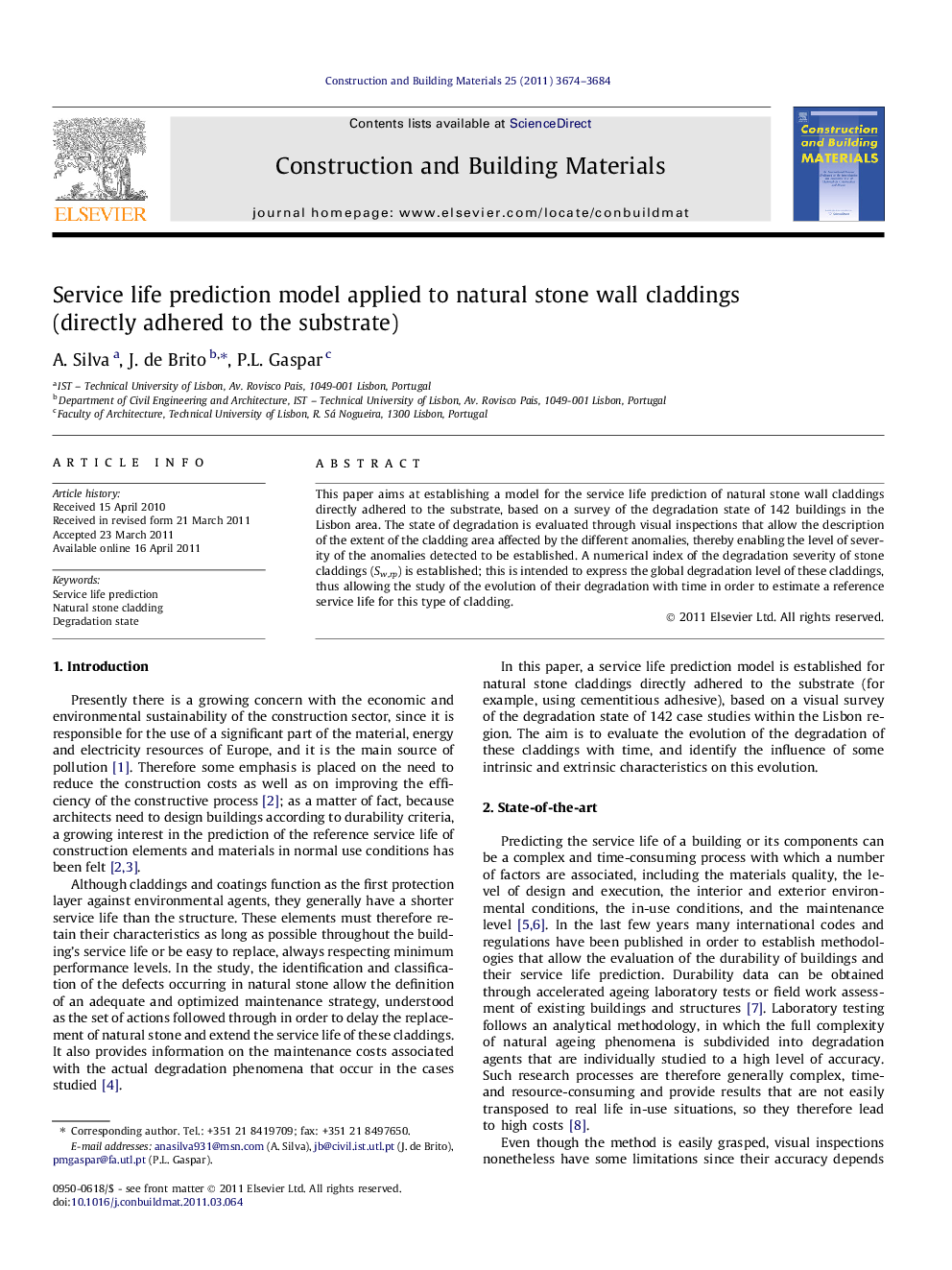 Service life prediction model applied to natural stone wall claddings (directly adhered to the substrate)