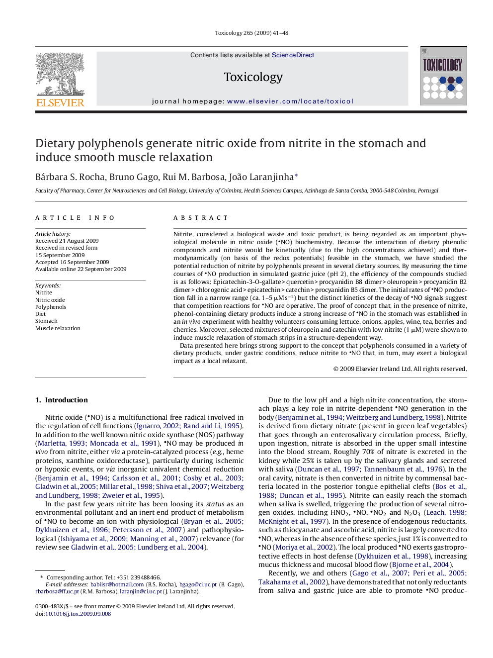 Dietary polyphenols generate nitric oxide from nitrite in the stomach and induce smooth muscle relaxation