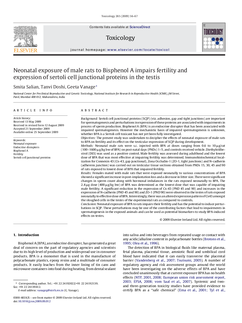 Neonatal exposure of male rats to Bisphenol A impairs fertility and expression of sertoli cell junctional proteins in the testis