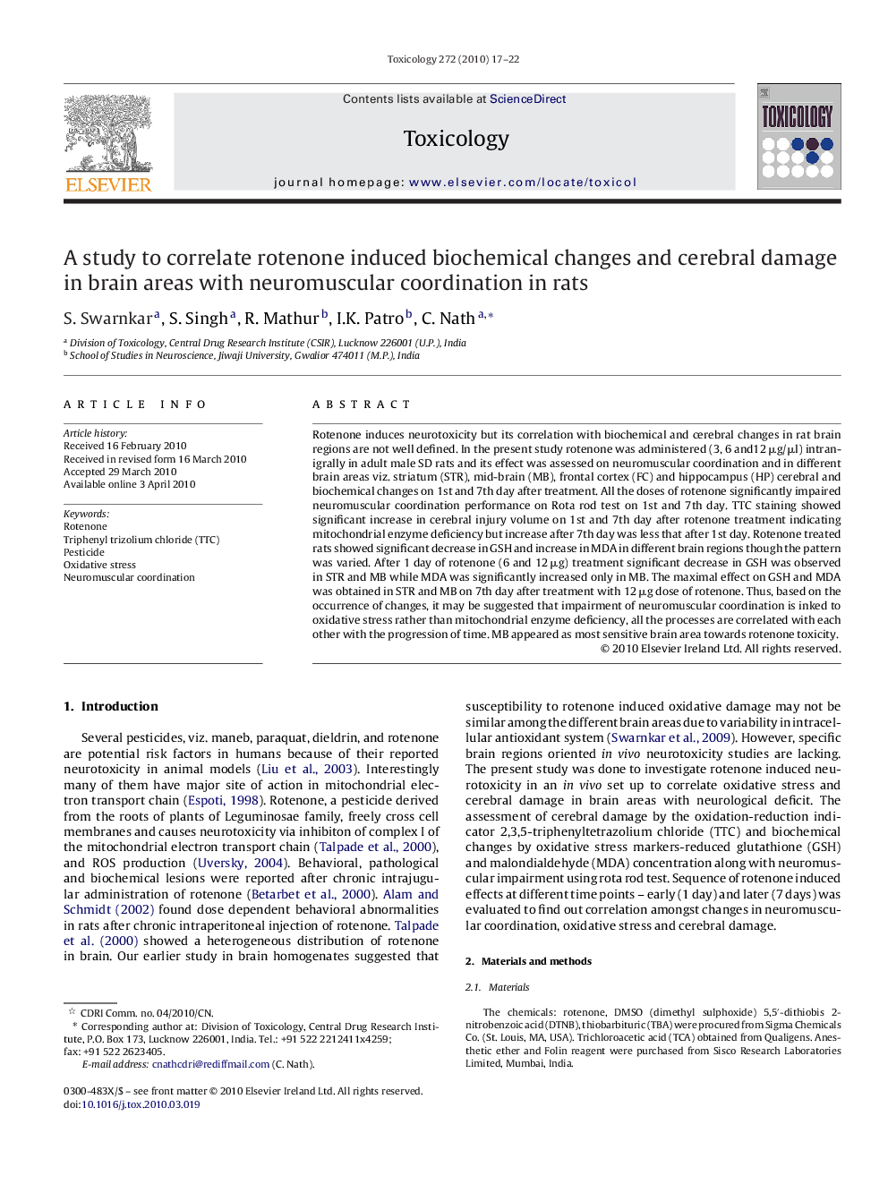 A study to correlate rotenone induced biochemical changes and cerebral damage in brain areas with neuromuscular coordination in rats 