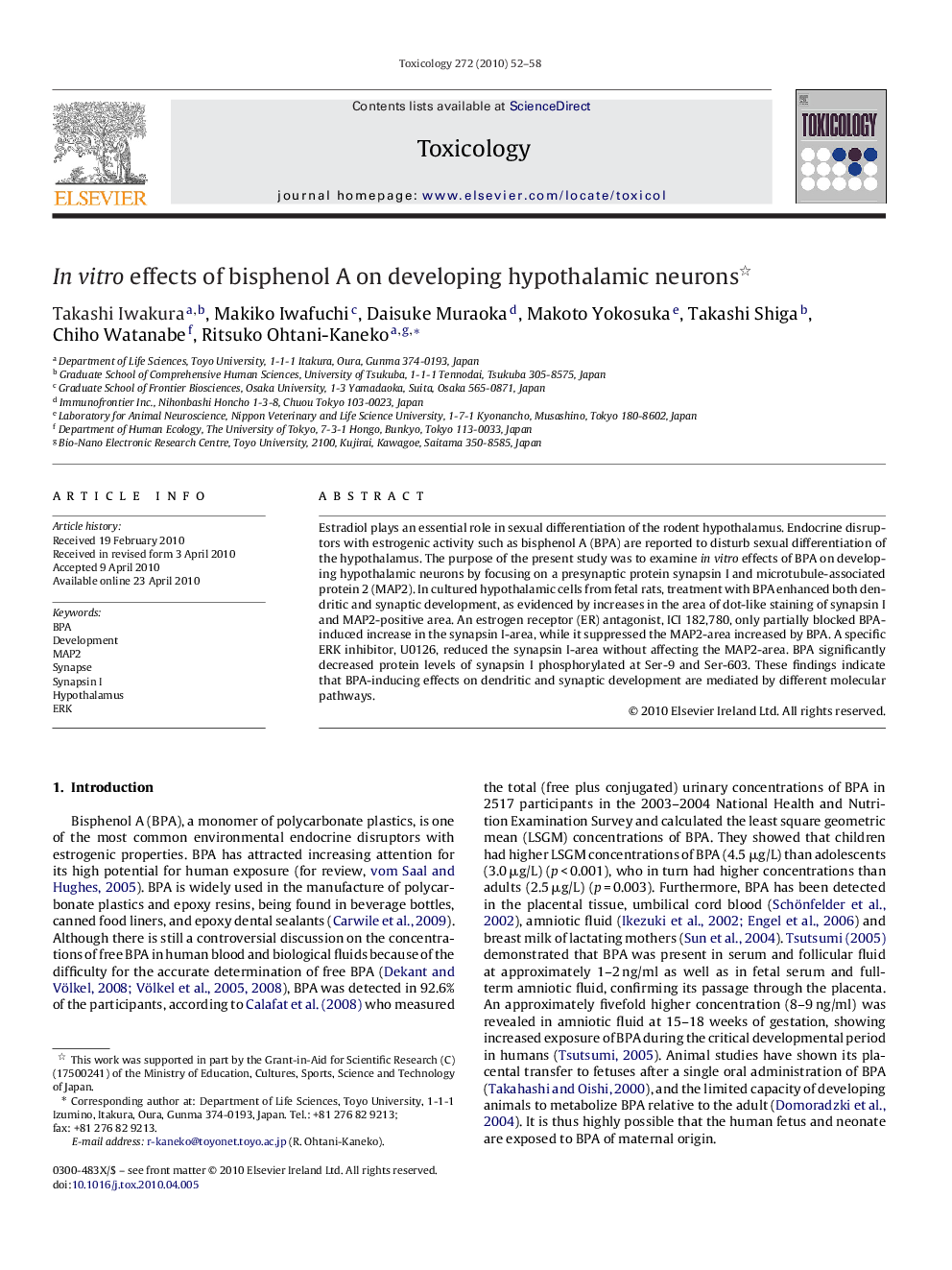 In vitro effects of bisphenol A on developing hypothalamic neurons 