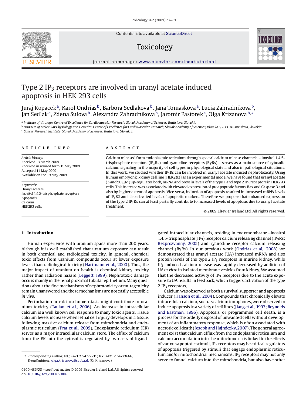 Type 2 IP3 receptors are involved in uranyl acetate induced apoptosis in HEK 293 cells