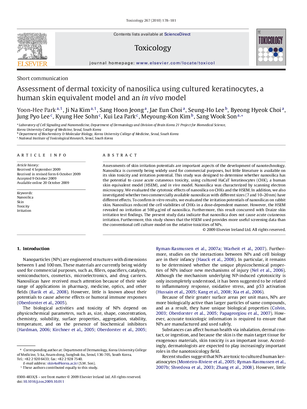 Assessment of dermal toxicity of nanosilica using cultured keratinocytes, a human skin equivalent model and an invivo model