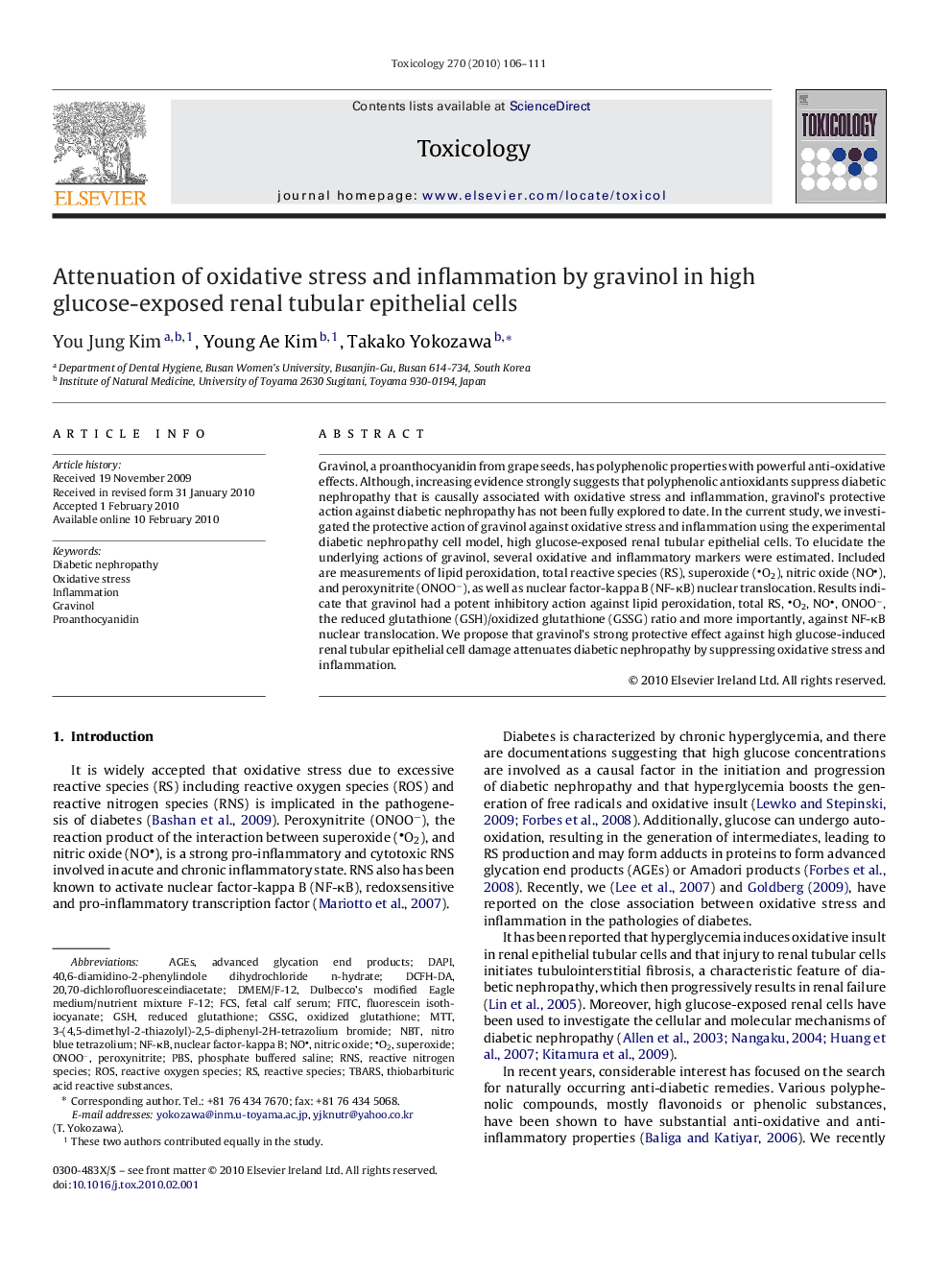 Attenuation of oxidative stress and inflammation by gravinol in high glucose-exposed renal tubular epithelial cells