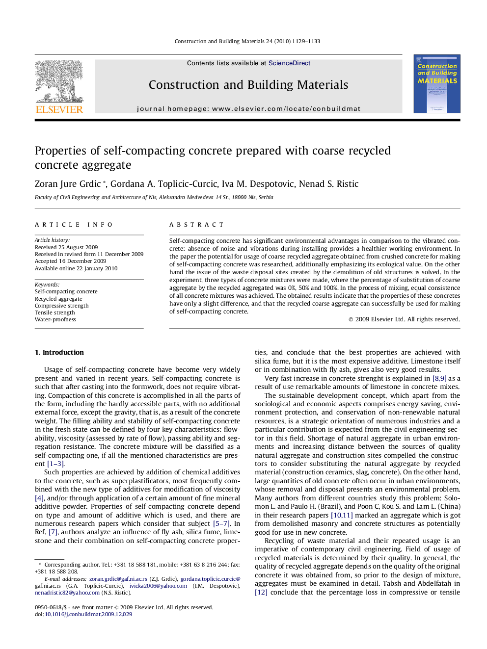 Properties of self-compacting concrete prepared with coarse recycled concrete aggregate