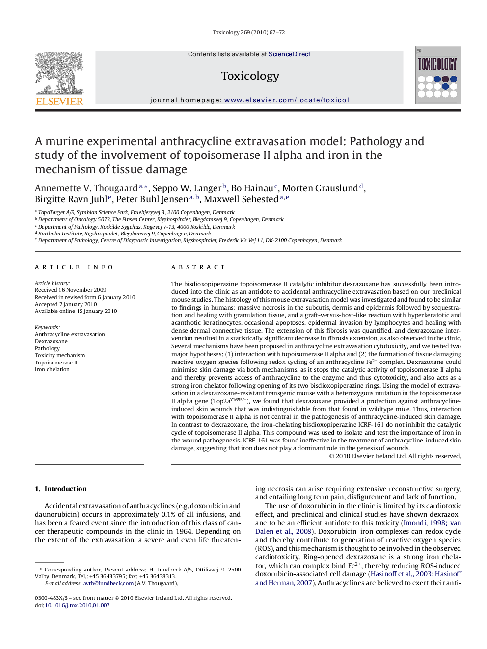 A murine experimental anthracycline extravasation model: Pathology and study of the involvement of topoisomerase II alpha and iron in the mechanism of tissue damage