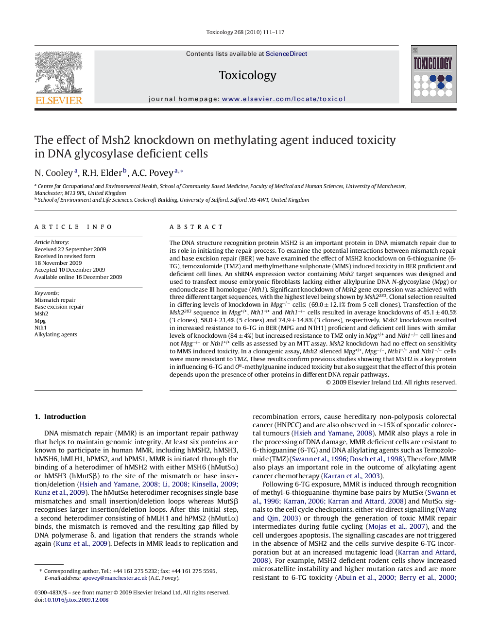 The effect of Msh2 knockdown on methylating agent induced toxicity in DNA glycosylase deficient cells