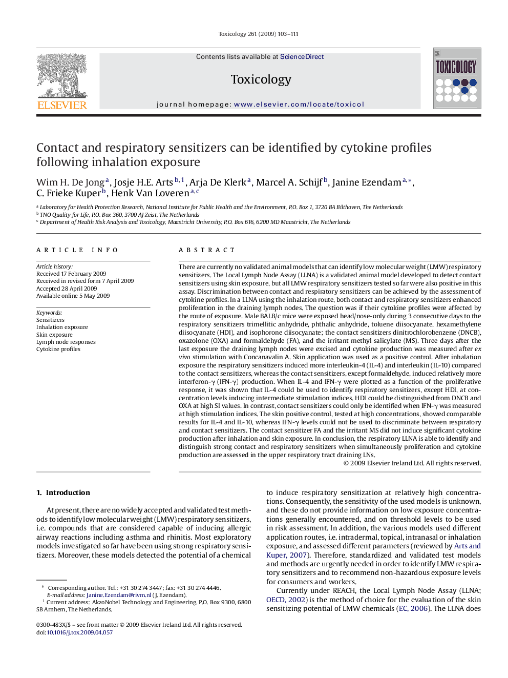 Contact and respiratory sensitizers can be identified by cytokine profiles following inhalation exposure