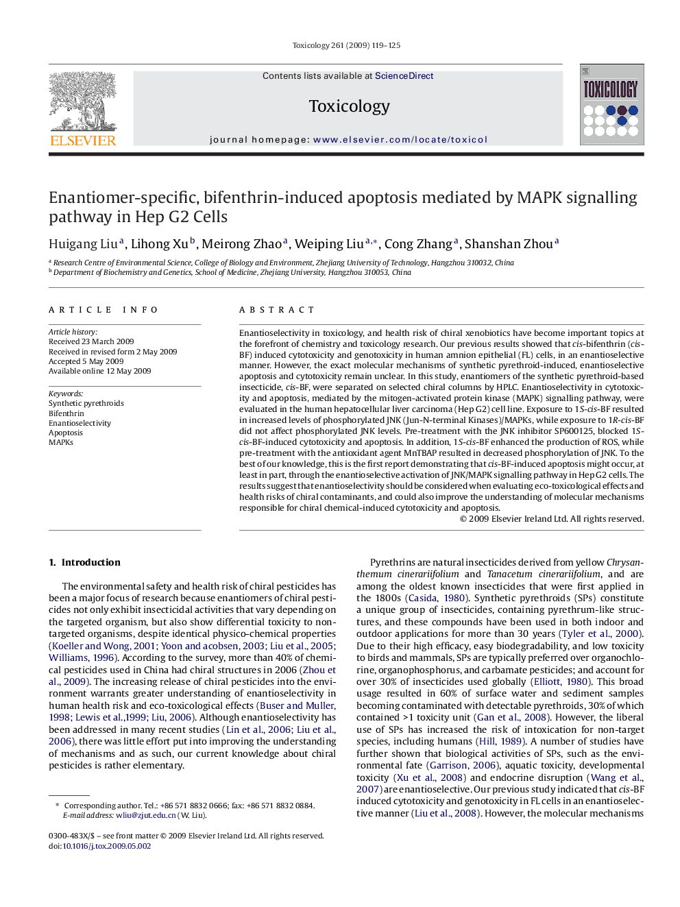 Enantiomer-specific, bifenthrin-induced apoptosis mediated by MAPK signalling pathway in Hep G2 Cells