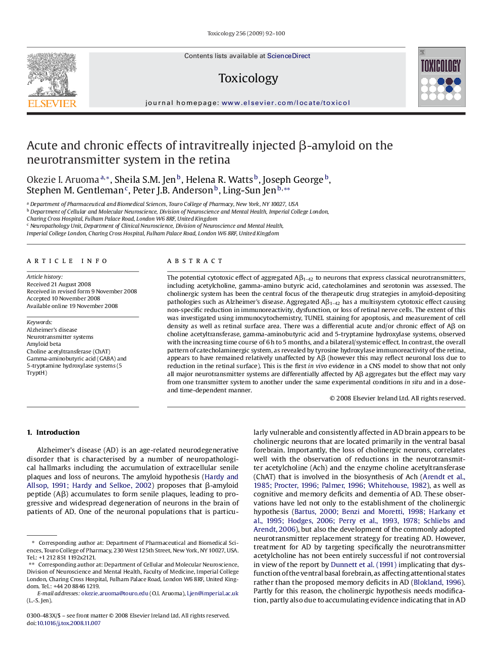 Acute and chronic effects of intravitreally injected Î²-amyloid on the neurotransmitter system in the retina