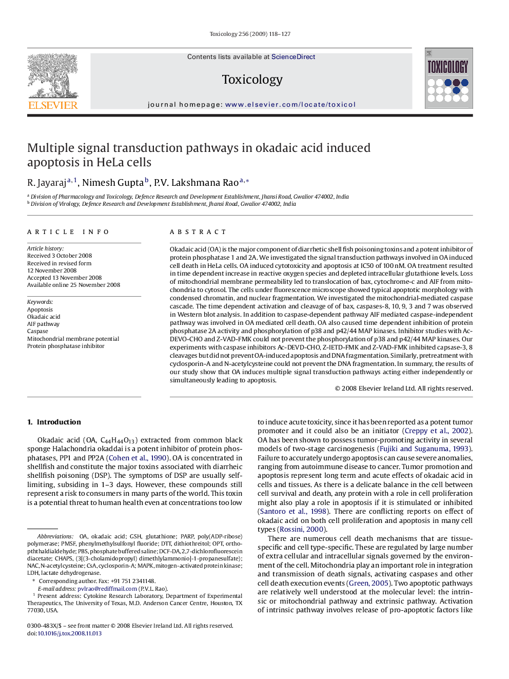 Multiple signal transduction pathways in okadaic acid induced apoptosis in HeLa cells