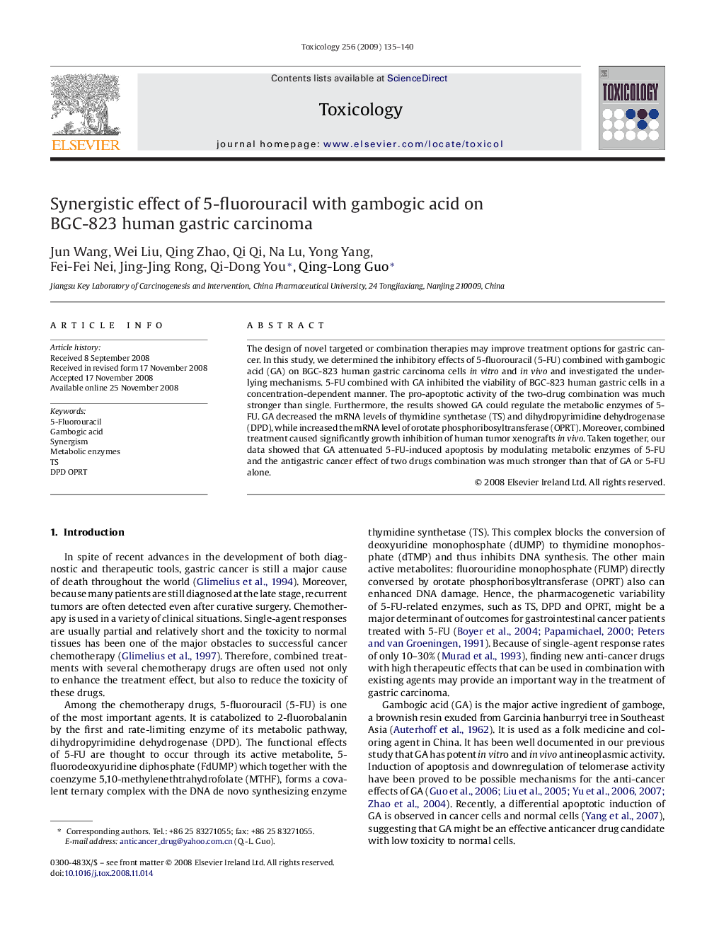 Synergistic effect of 5-fluorouracil with gambogic acid on BGC-823 human gastric carcinoma