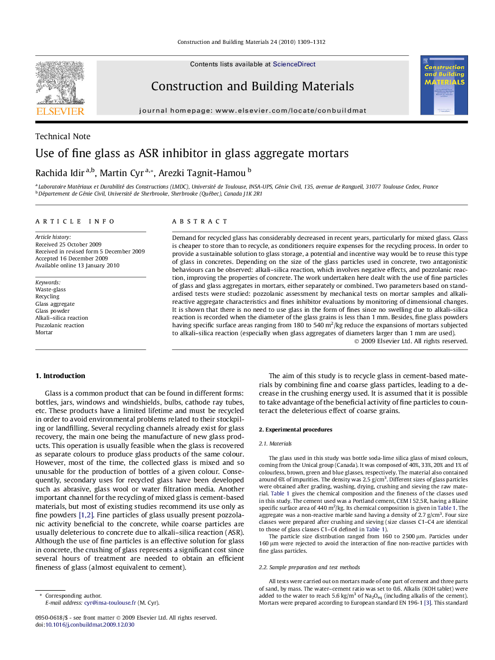 Use of fine glass as ASR inhibitor in glass aggregate mortars