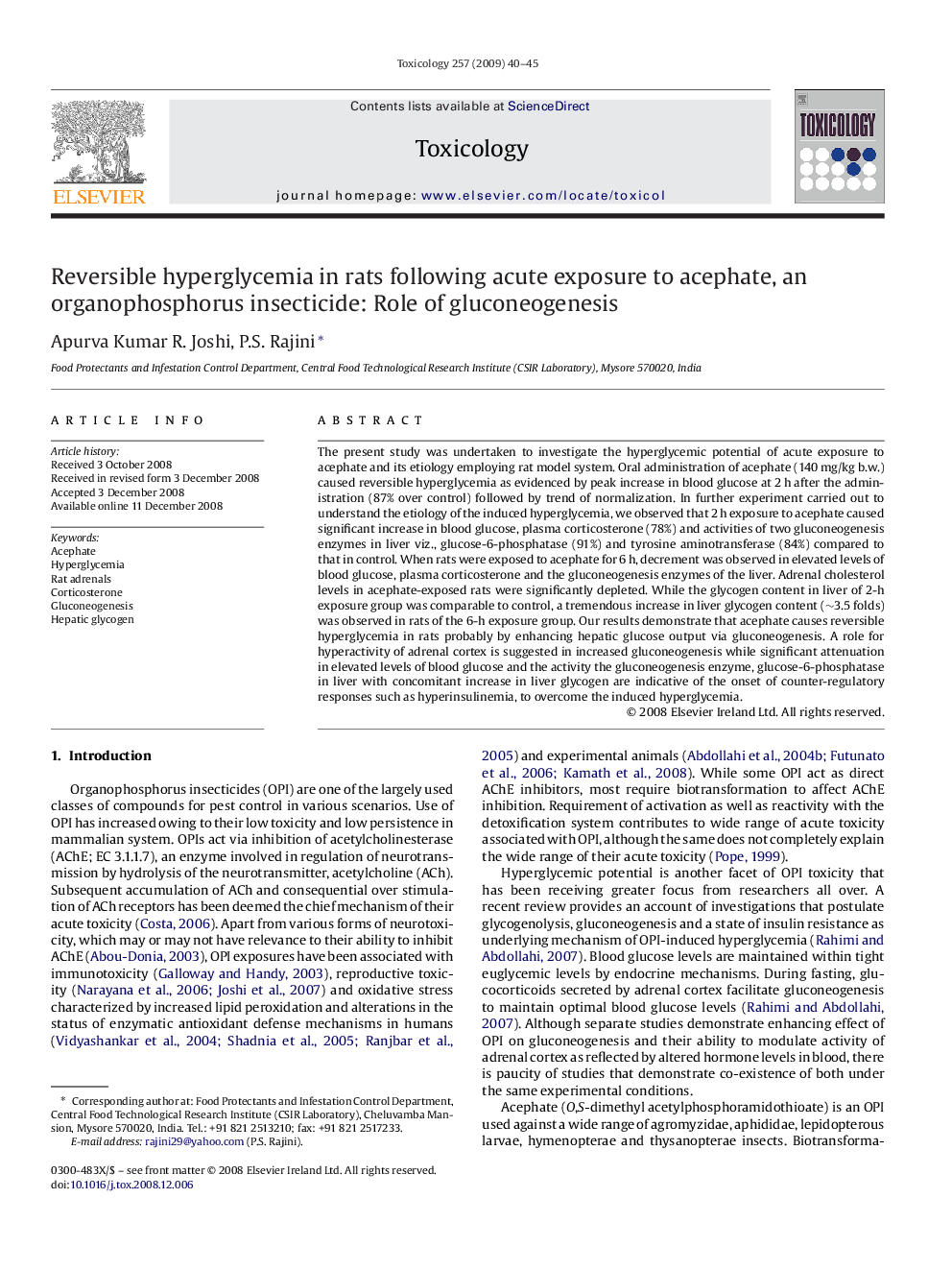 Reversible hyperglycemia in rats following acute exposure to acephate, an organophosphorus insecticide: Role of gluconeogenesis