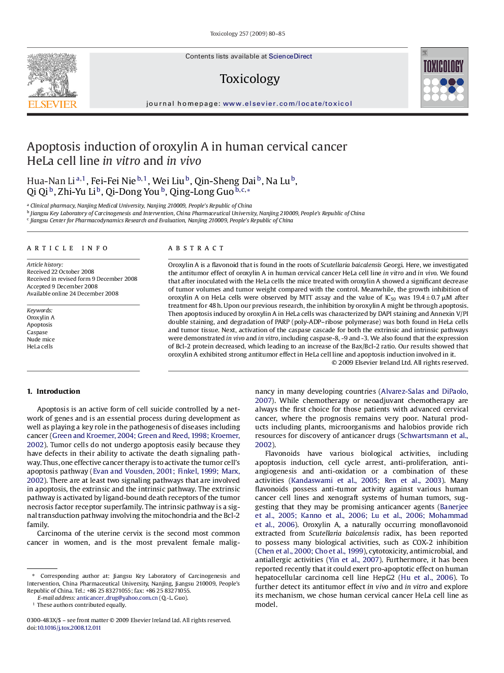 Apoptosis induction of oroxylin A in human cervical cancer HeLa cell line in vitro and in vivo