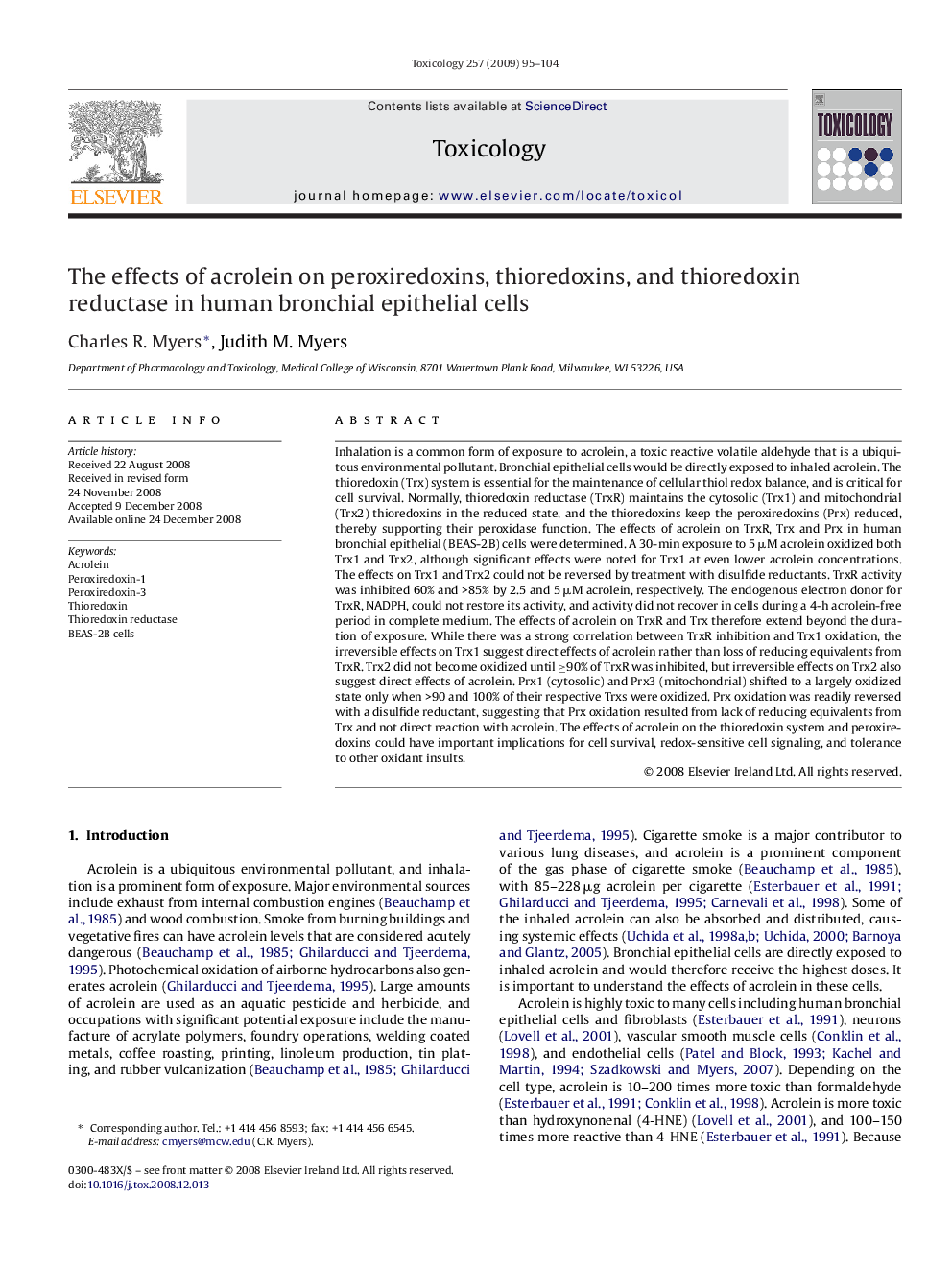 The effects of acrolein on peroxiredoxins, thioredoxins, and thioredoxin reductase in human bronchial epithelial cells