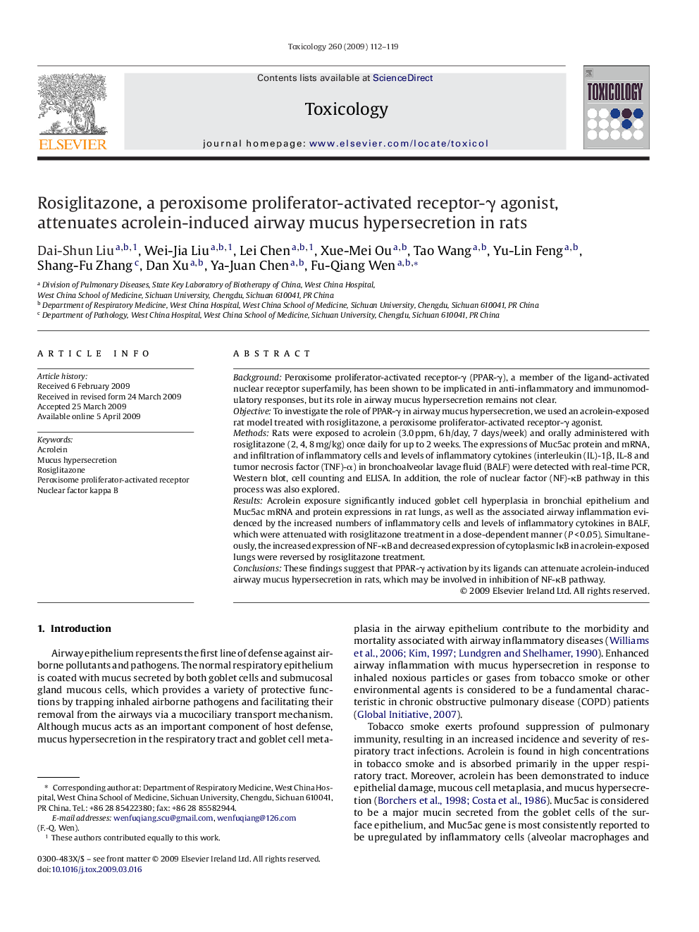 Rosiglitazone, a peroxisome proliferator-activated receptor-γ agonist, attenuates acrolein-induced airway mucus hypersecretion in rats