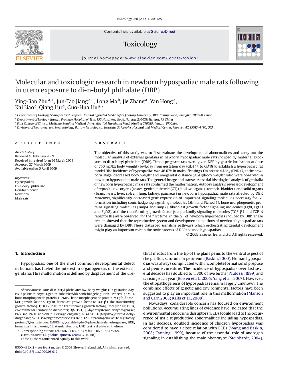 Molecular and toxicologic research in newborn hypospadiac male rats following in utero exposure to di-n-butyl phthalate (DBP)