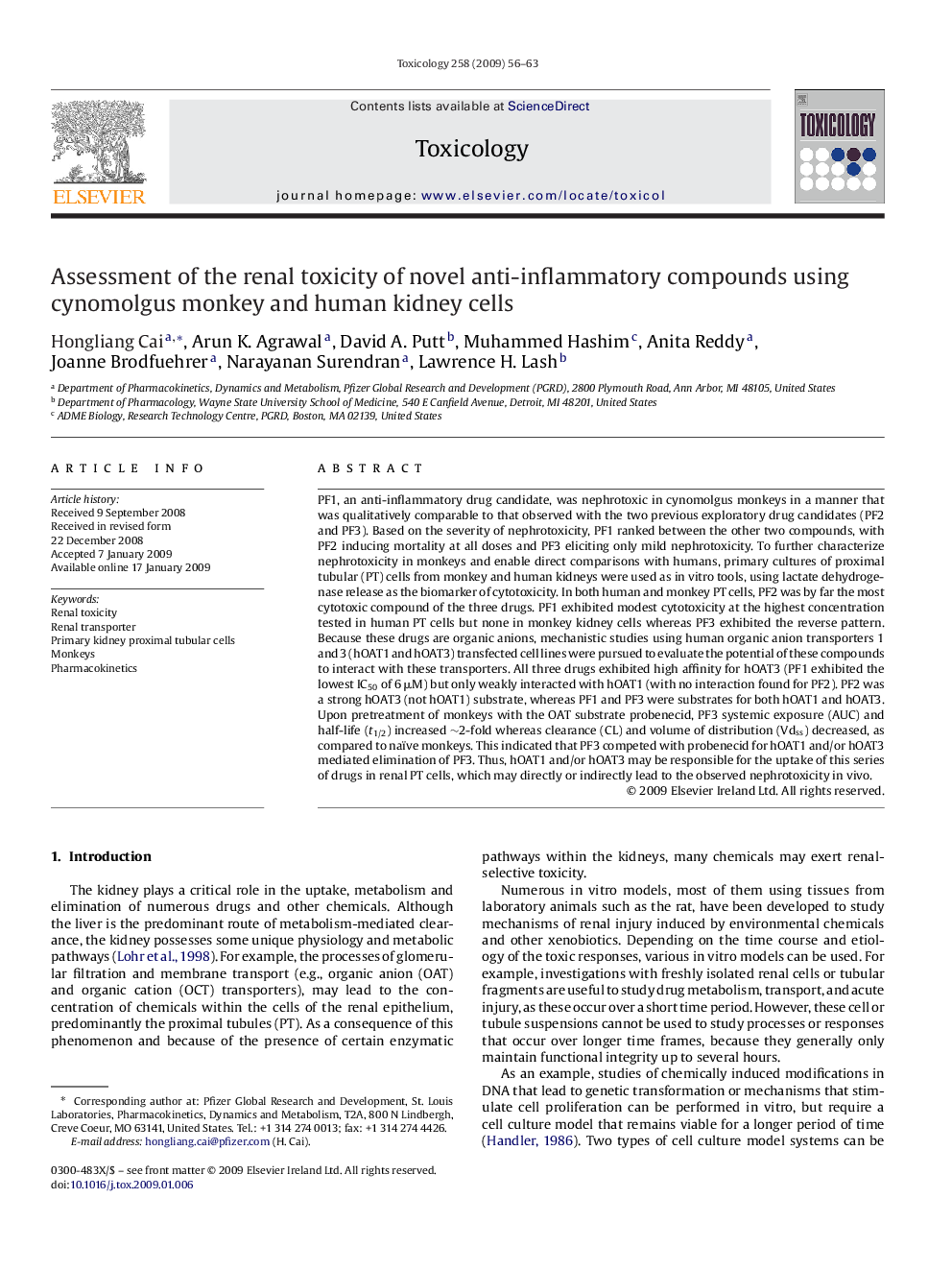 Assessment of the renal toxicity of novel anti-inflammatory compounds using cynomolgus monkey and human kidney cells