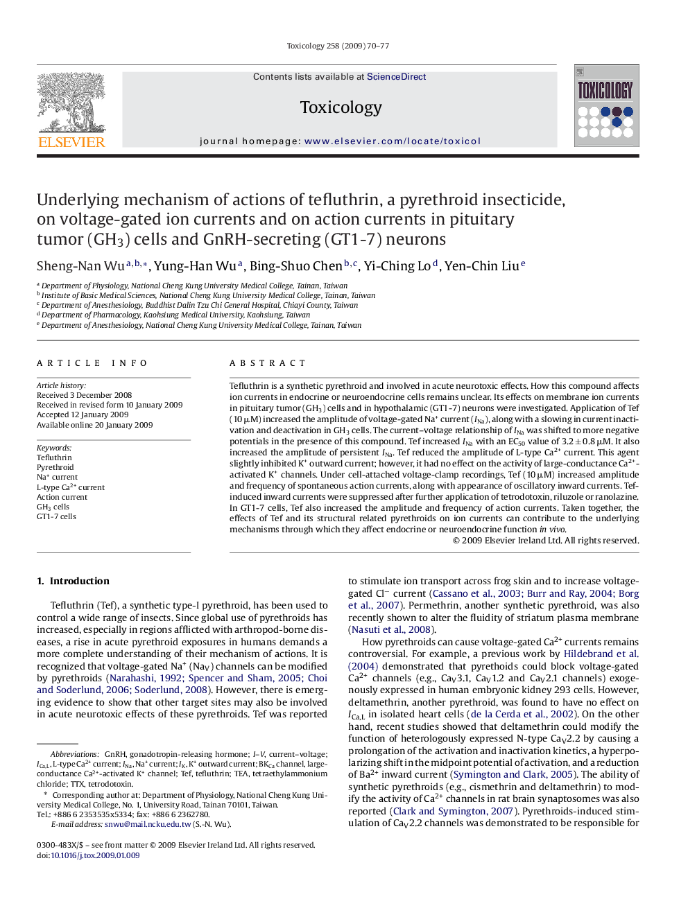 Underlying mechanism of actions of tefluthrin, a pyrethroid insecticide, on voltage-gated ion currents and on action currents in pituitary tumor (GH3) cells and GnRH-secreting (GT1-7) neurons