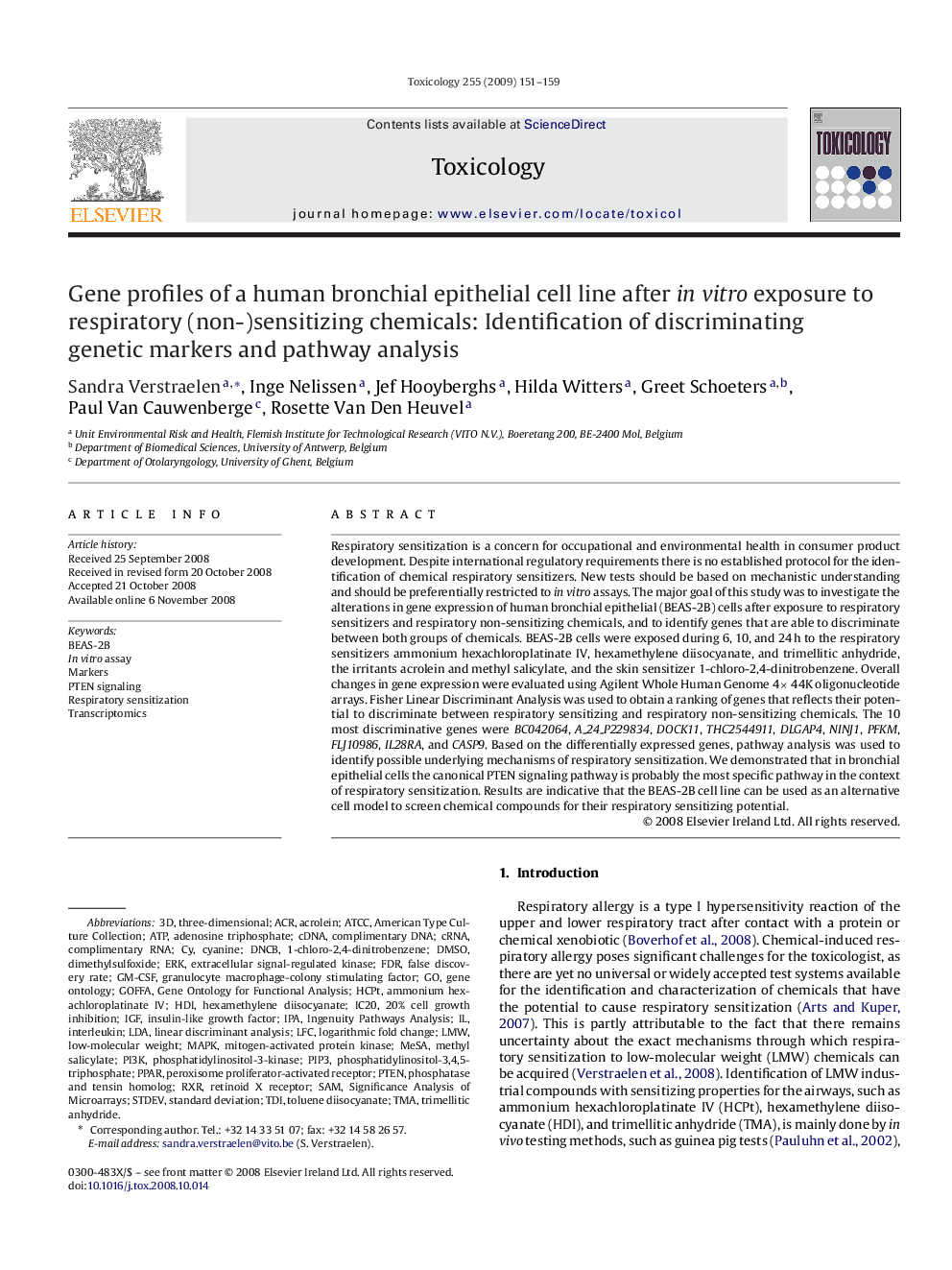 Gene profiles of a human bronchial epithelial cell line after in vitro exposure to respiratory (non-)sensitizing chemicals: Identification of discriminating genetic markers and pathway analysis