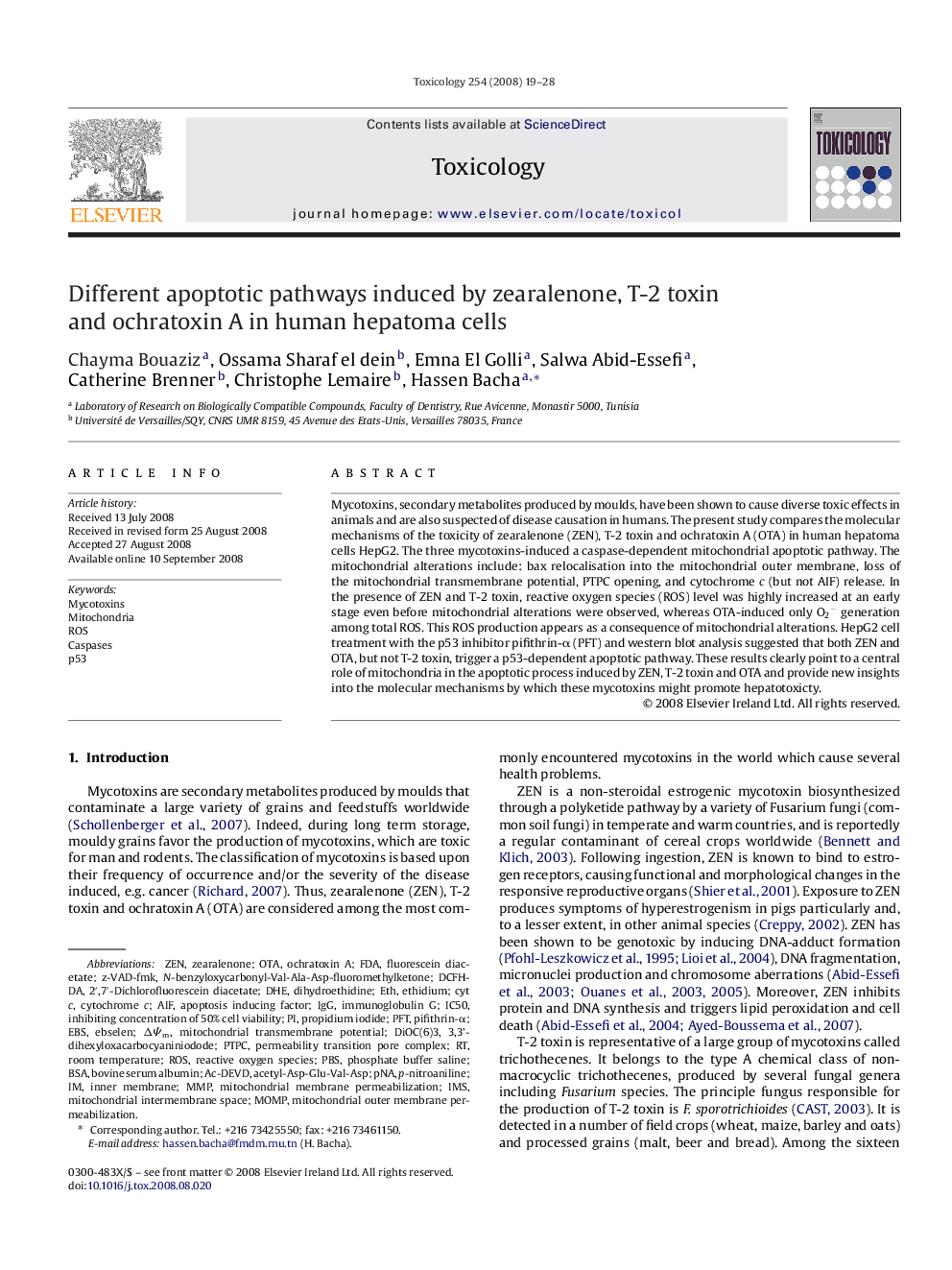 Different apoptotic pathways induced by zearalenone, T-2 toxin and ochratoxin A in human hepatoma cells