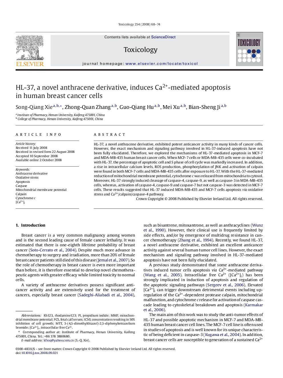 HL-37, a novel anthracene derivative, induces Ca2+-mediated apoptosis in human breast cancer cells