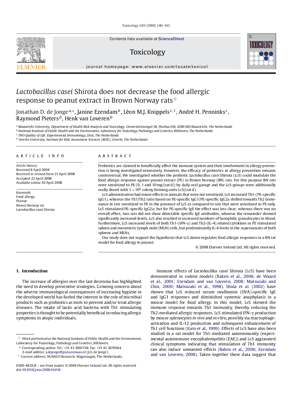 Lactobacillus casei Shirota does not decrease the food allergic response to peanut extract in Brown Norway rats 