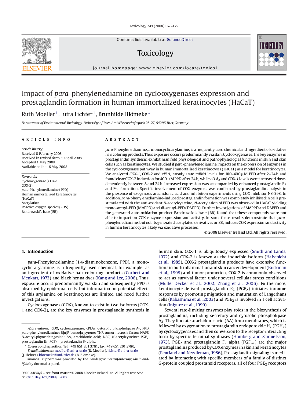 Impact of para-phenylenediamine on cyclooxygenases expression and prostaglandin formation in human immortalized keratinocytes (HaCaT)