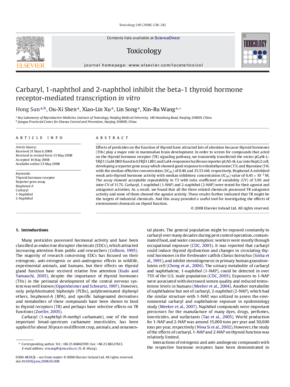 Carbaryl, 1-naphthol and 2-naphthol inhibit the beta-1 thyroid hormone receptor-mediated transcription in vitro