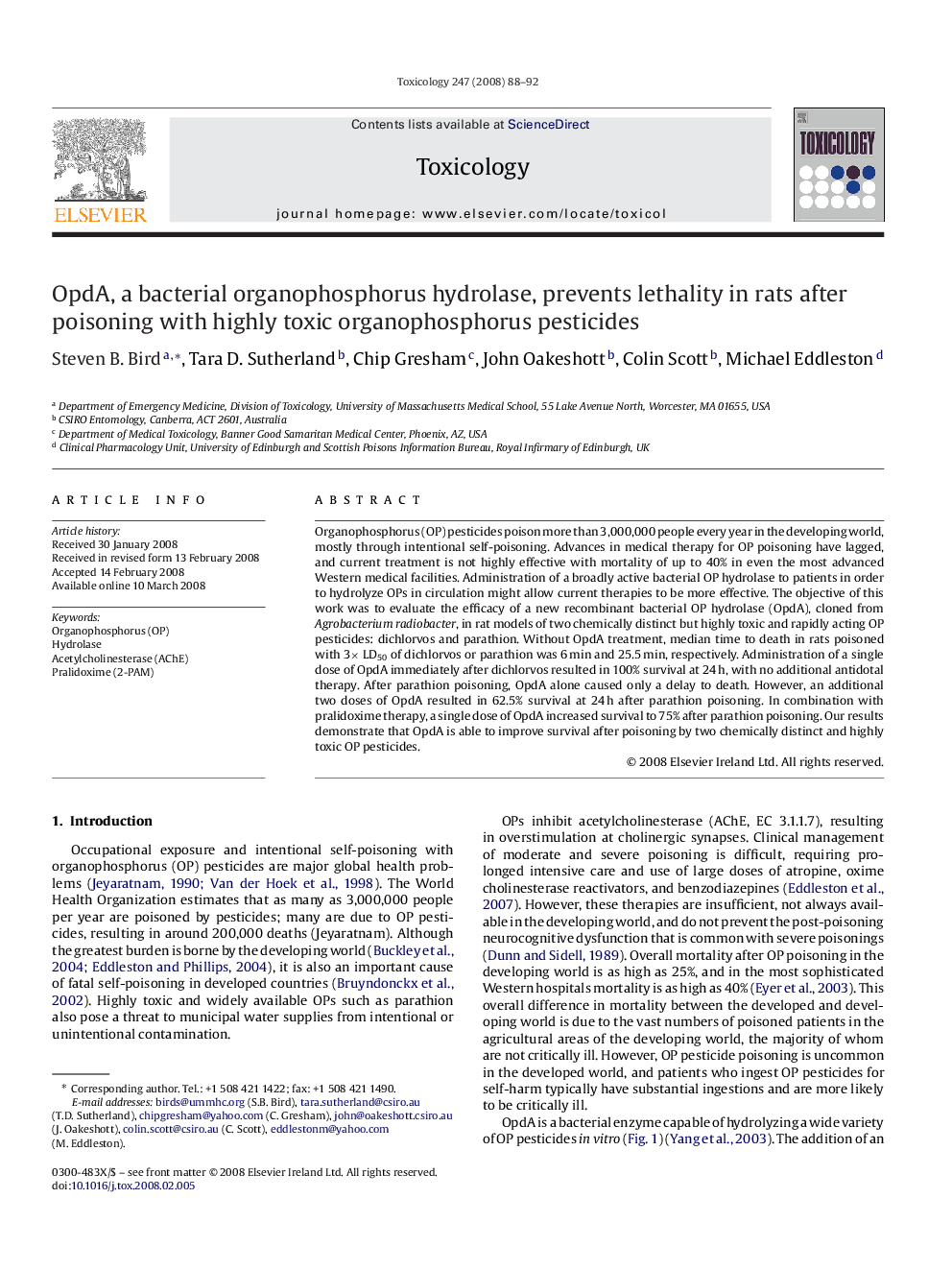 OpdA, a bacterial organophosphorus hydrolase, prevents lethality in rats after poisoning with highly toxic organophosphorus pesticides