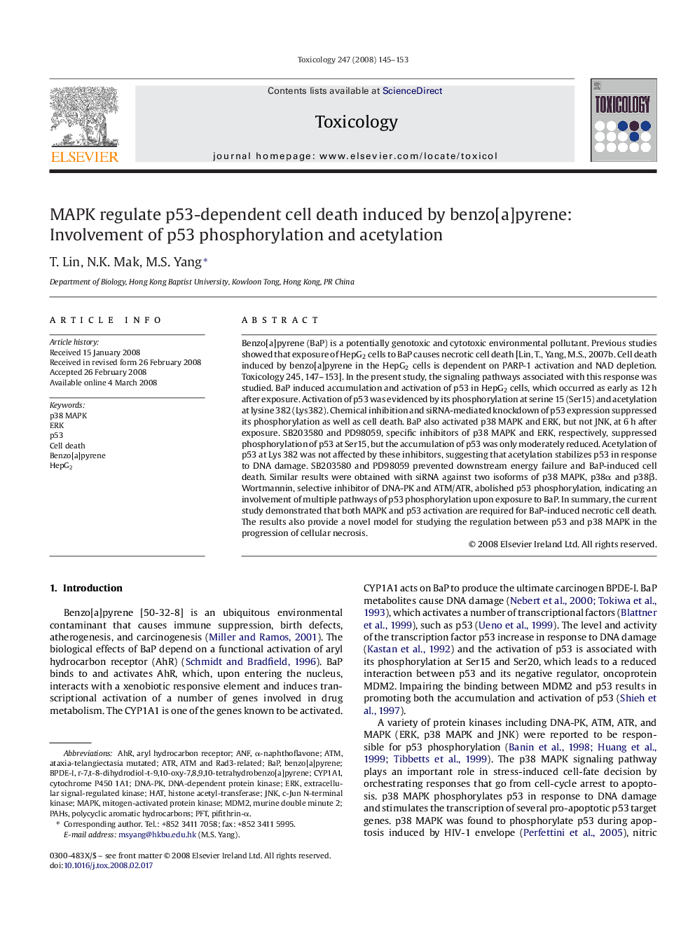 MAPK regulate p53-dependent cell death induced by benzo[a]pyrene: Involvement of p53 phosphorylation and acetylation