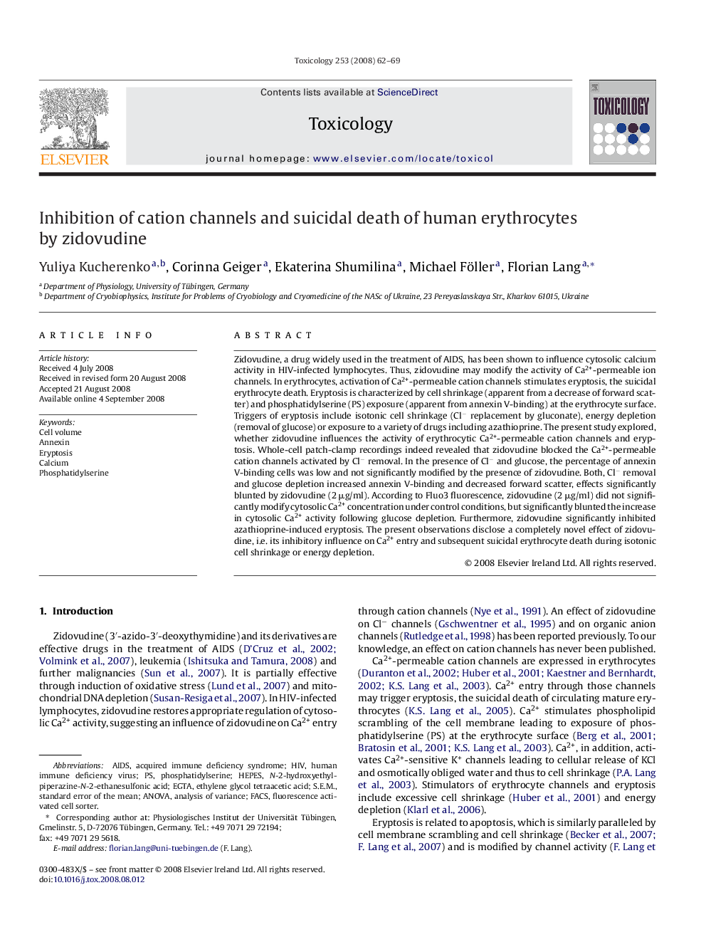 Inhibition of cation channels and suicidal death of human erythrocytes by zidovudine