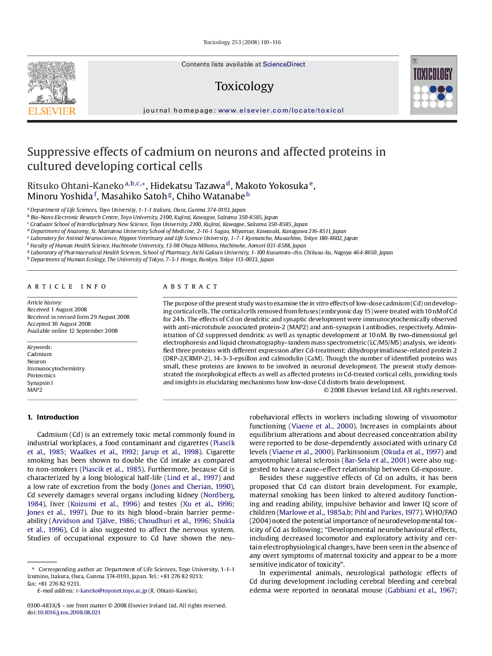 Suppressive effects of cadmium on neurons and affected proteins in cultured developing cortical cells