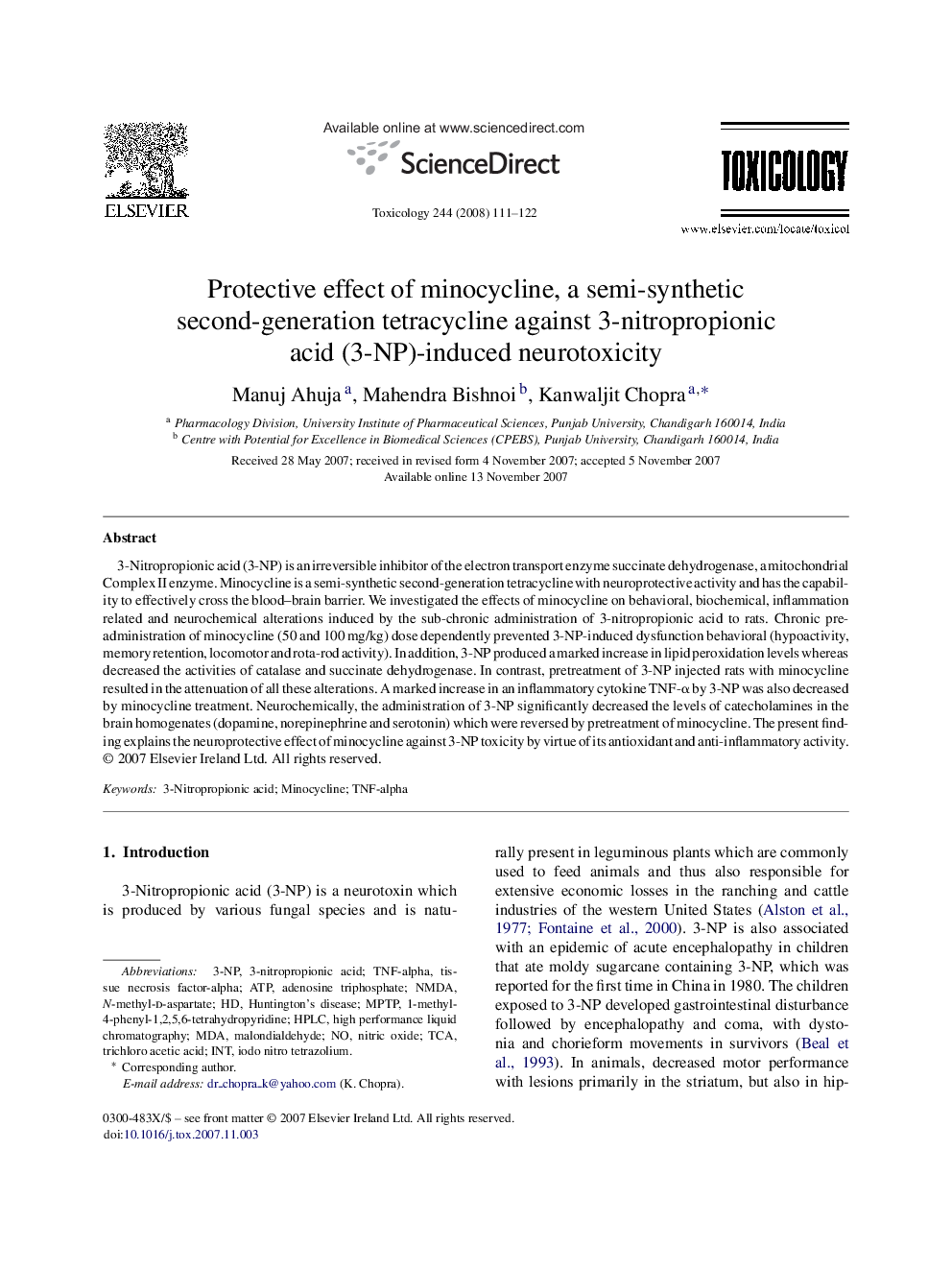 Protective effect of minocycline, a semi-synthetic second-generation tetracycline against 3-nitropropionic acid (3-NP)-induced neurotoxicity